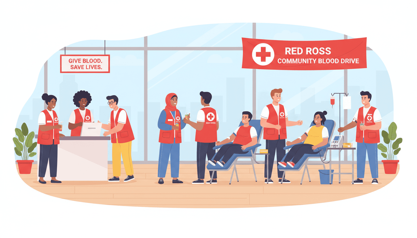 diverse young volunteers in red vests conducting a community blood drive clean vector art style flat design Red Cross theme