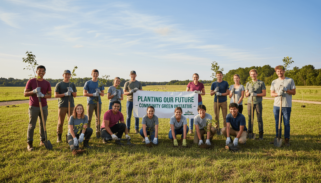 Youth volunteers planting trees outdoors