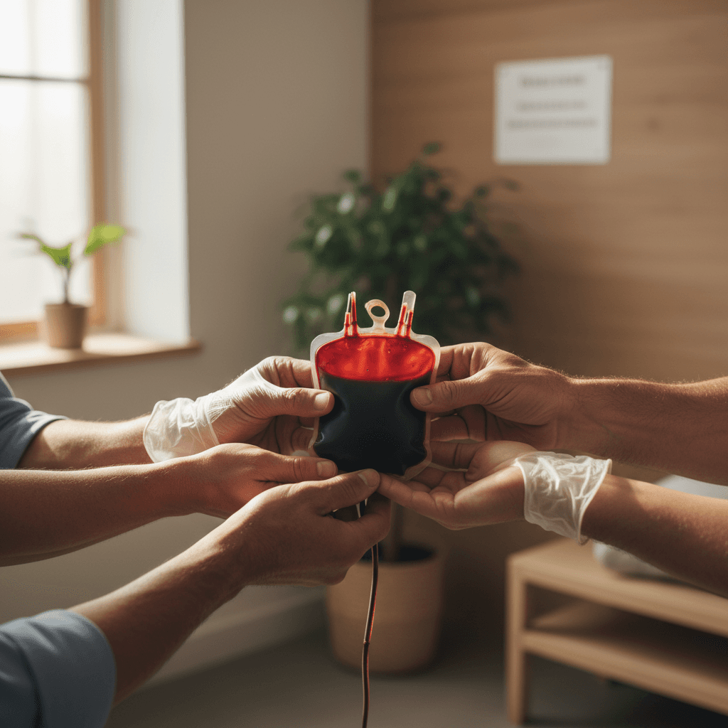 Diverse group of hands united around a blood donation collection bag in warm, inclusive healthcare setting