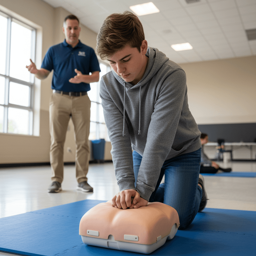Students practicing first aid bandaging techniques during a Red Cross training session