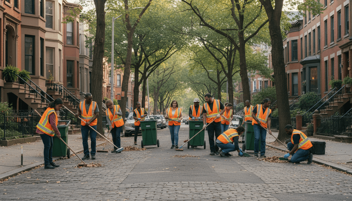 Young volunteers in red vests working independently at a community clean-up event, clean vector art style