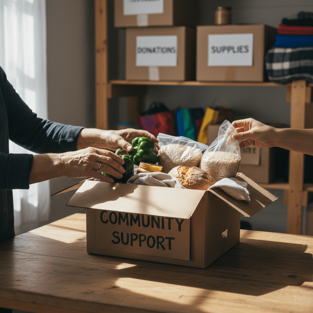 Volunteer handing out emergency supplies with a calm and caring expression, flat vector style, neutral background