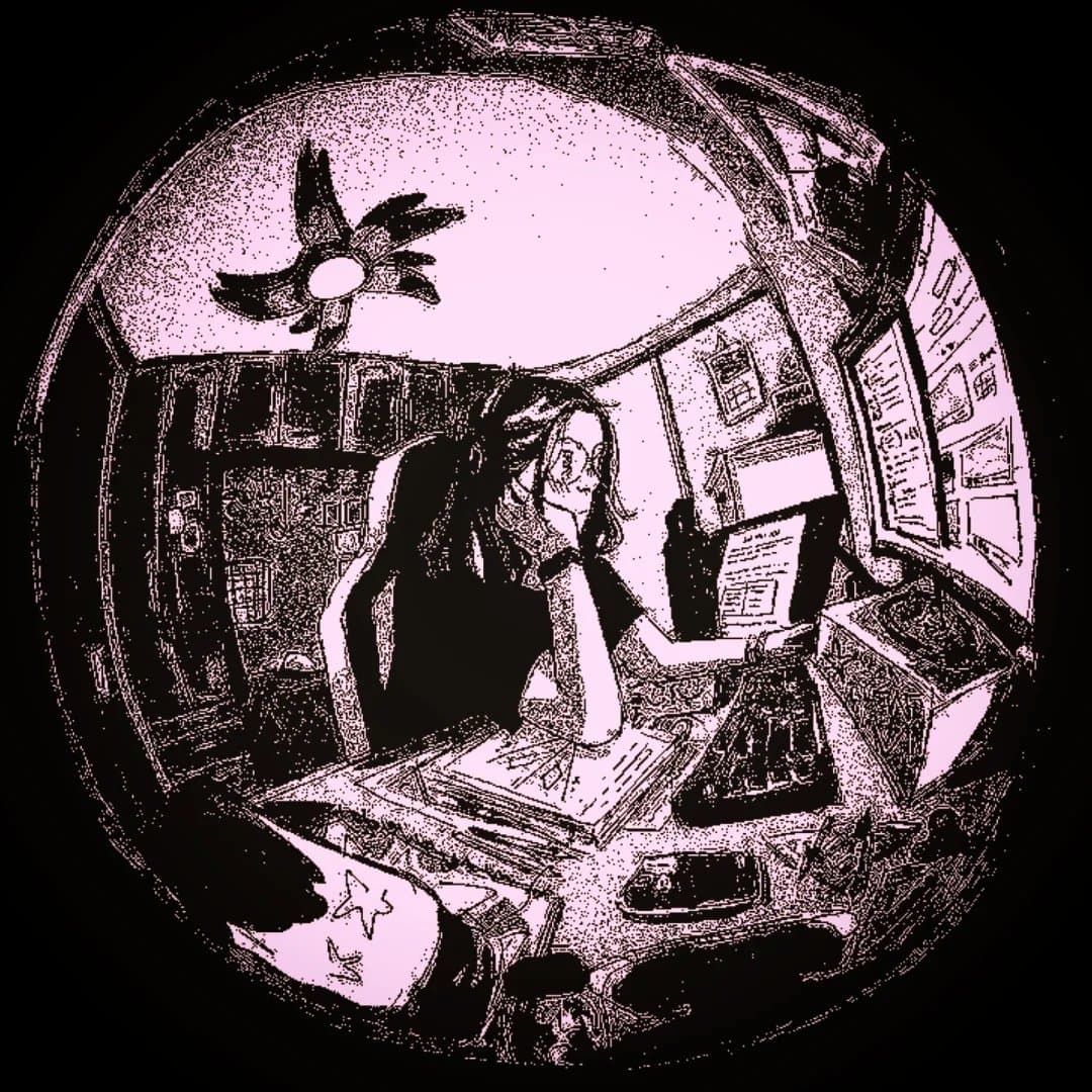 Fisheye pink stippled illustration of a person with glasses working at a cluttered desk.